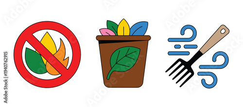A graphic illustration promoting eco-friendly waste management and composting practices with clear symbols.