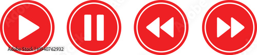 Set of four red circular media player control buttons on a white background Vector