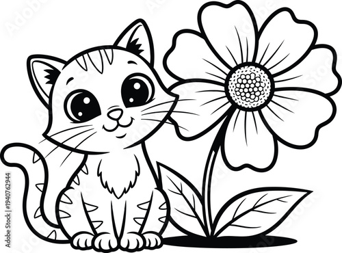 Cute cat and flower coloring page for kids and adults