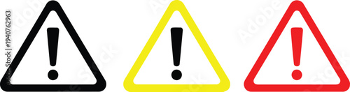 Three triangular warning symbols with different border colors and an exclamation mark inside. Vector