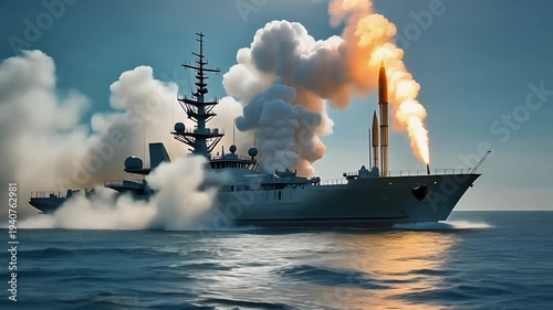 Wallpaper Mural Navy warship launches missile at sea during dramatic dusk exercise. Torontodigital.ca