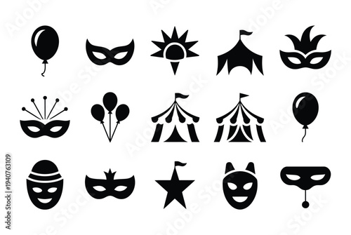 A collection of black carnival icons on a white background, including masks, balloons, and a circus tent.