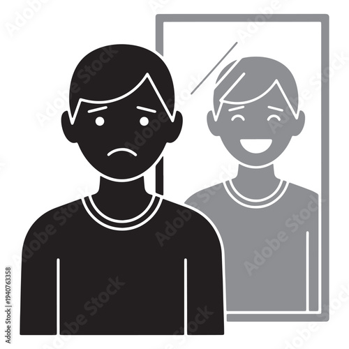 A man with a sad expression looks at his happy reflection in a mirror silhouette