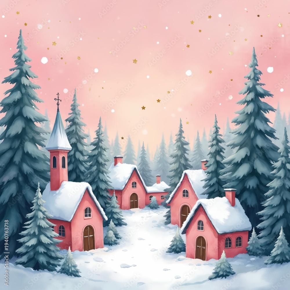 Naklejka premium Winter village with pink houses and snowy pine trees. Watercolor illustration shows cute town with church under pastel pink sky. Snowfall and gold stars create magical atmosphere.
