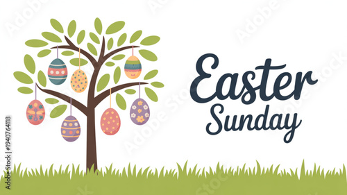 Easter sunday celebration with decorated eggs on tree branch and green grass