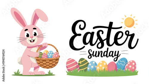 Pink easter bunny holding basket with colorful eggs on easter sunday morning with sunny background