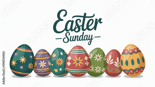 Colorful easter eggs with floral patterns and easter sunday text on white background for holiday celebration