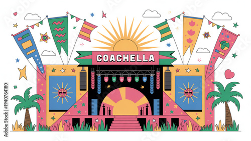 Vibrant coachella festival stage with colorful banners and palm trees under sunny sky