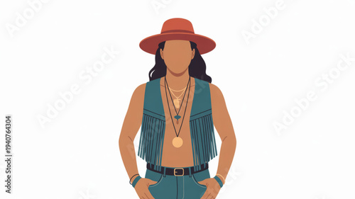 Woman wearing teal fringe vest red hat and jewelry standing confidently with hands in pockets on white background