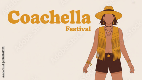Woman in yellow fringe vest and hat at music festival event illustration