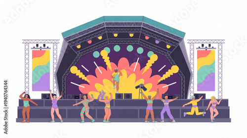 Vibrant concert scene with energetic performers and dynamic stage lighting colorful graphics and rainbow banners lively atmosphere