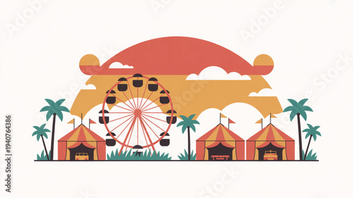 Vibrant carnival scene with ferris wheel tents and palm trees against a colorful sunset background flat design illustration fun and lively atmosphere