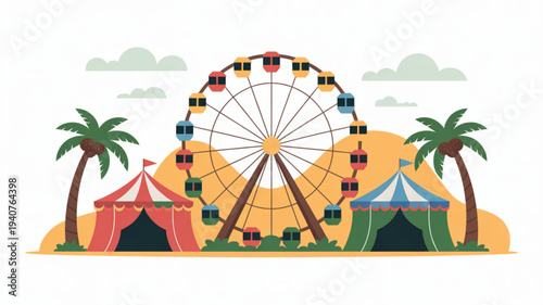 Vibrant carnival scene with colorful ferris wheel tents and palm trees against a bright yellow background with fluffy clouds