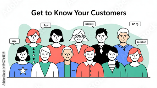 Diverse customer group illustration with speech bubbles showing customer insights and market research data for business strategy and marketing analysis