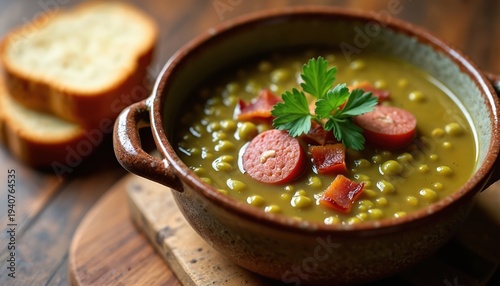 Bowl of green pea soup with sausage and bacon bits. Served with toasted bread slices. Rich hearty meal perfect for cold weather. Garnished with fresh parsley.