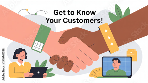 Diverse business professionals shaking hands with customer service representative on laptop in modern office environment with green plants