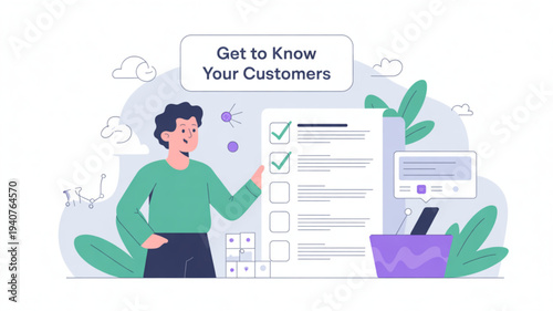 Businessman presenting customer survey checklist with green checkmarks and computer screen in office workspace