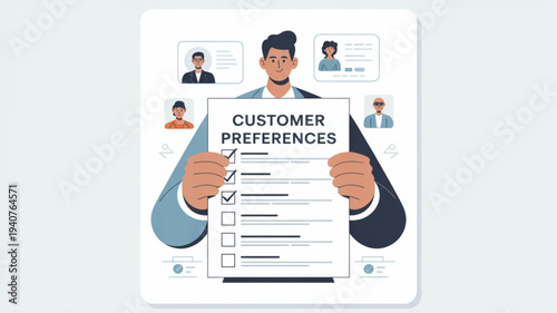 Man holding customer preferences checklist with multiple customer profiles in the background survey form with checked box business concept illustration