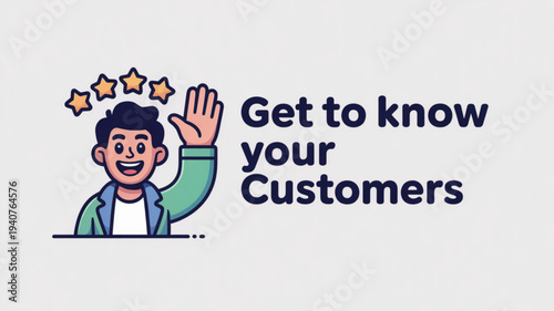 Cartoon man waving with stars above head customer service illustration friendly business concept with simple design and light background