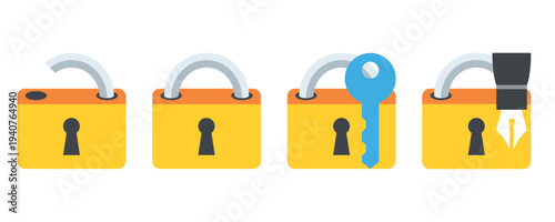 Vector illustration displaying a progression of padlocks symbolizing security, access, unlocking, and creative problem-solving with design.