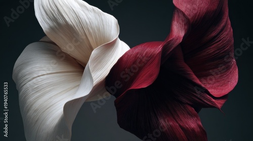 Sculptural stems of amaryllis twist together, forming a modern design in white and deep burgundy against a dark backdrop with space for creativity.