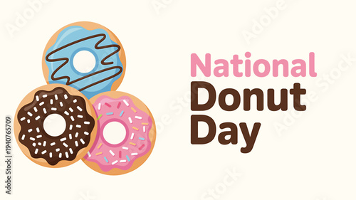 National Donut Day celebration with colorful donuts and text on beige background