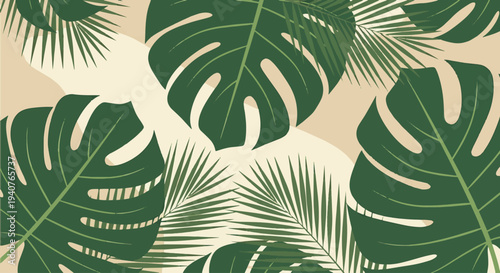 Tropical green leaves on beige background for summer designs