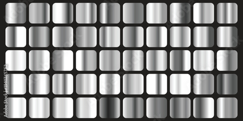 Collection of metallic silver gradient squares with rounded corners showcasing various shades and polished textures