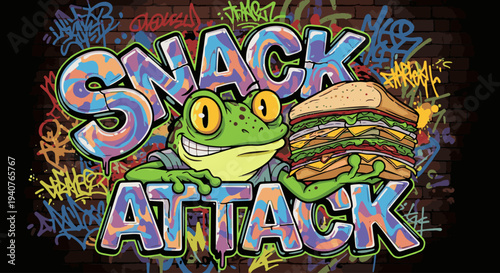Vibrant graffiti frog enjoying huge burger in urban snack attack scene