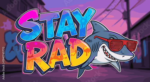 Cool cartoon shark wearing sunglasses with graffiti street art background