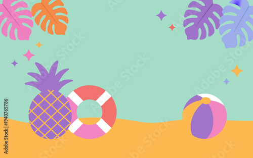 Colorful beach scene with pineapple lifebuoy and ball on sandy shore with tropical leaves