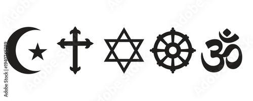 Vector graphic illustration showing diverse religious symbols representing different faiths and spiritual beliefs in modern design.