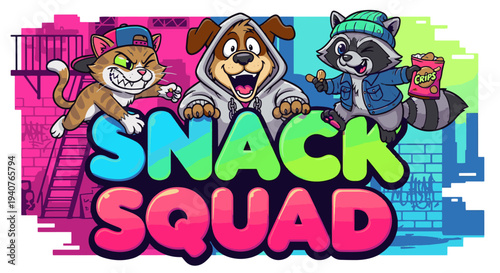 Colorful cartoon animals forming snack squad with urban background