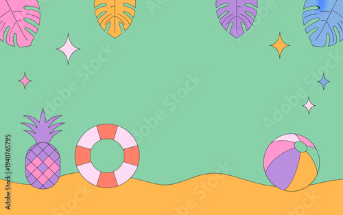 Colorful beach scene with tropical leaves pineapple lifebuoy and ball on sand