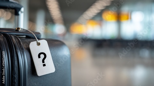 Luggage Tag With Question Mark Reflects Uncertainty in Busy Airport Setting During Travel Rush