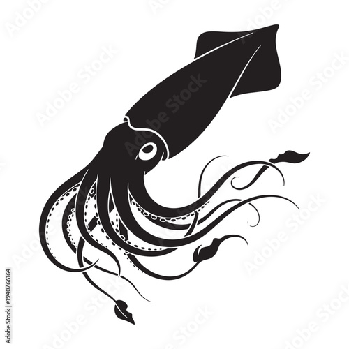 A black silhouette of a squid swimming in the ocean water