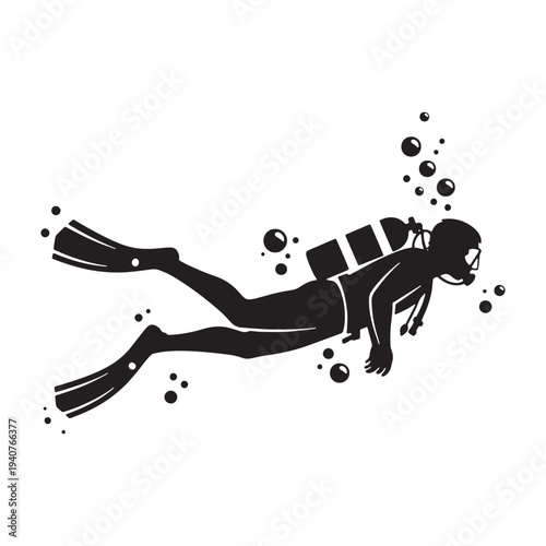 A scuba diver in silhouette swims through the water with bubbles rising to the surface silhouette