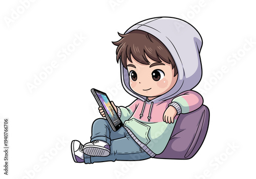 A young child wearing a hooded sweatshirt sits comfortably while using a digital device