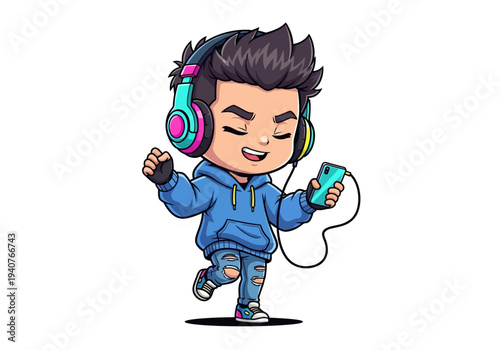 Young man listening to music and dancing with headphones and device in hand