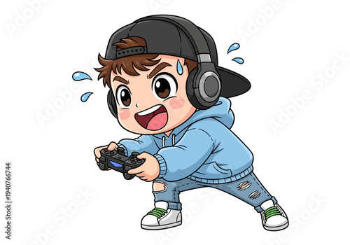 Excited Teenage Gamer Playing Video Game with Headphones On