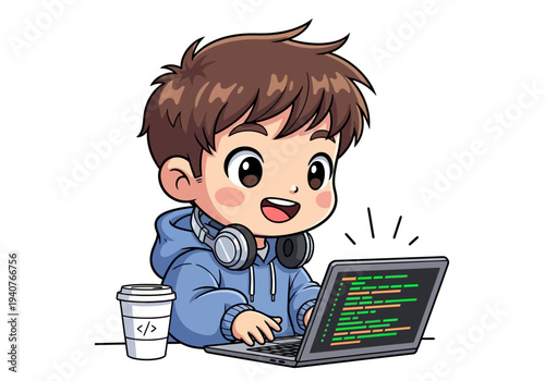 A young programmer enthusiastically codes on a laptop with a cup of coffee nearby in a minimalist setting viewed from the front
