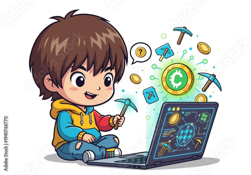 A young boy enthusiastically mines cryptocurrency on his laptop surrounded by digital coins and symbols