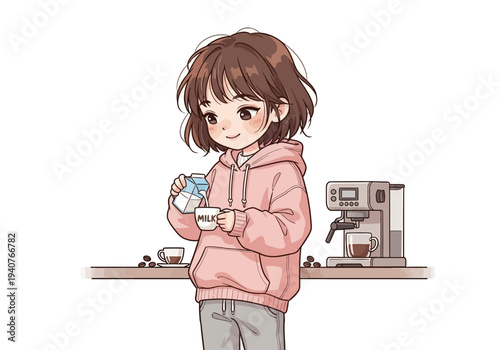 A young girl in a pink hoodie holding a cup and saucer near a coffee machine