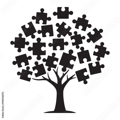 A black silhouette of a tree with puzzle pieces for leaves on a white background silhouette