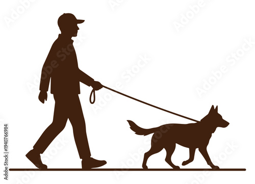 silhouette of man walking dog on leash, pet owner enjoying daily walk with canine companion, outdoor lifestyle activity symbolizing pet care, companionship and exercise