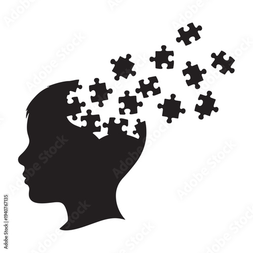 A silhouette of a person's head with puzzle pieces coming out, symbolizing a creative and problem-solving mind silhouette