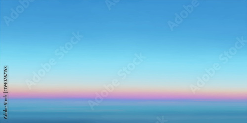 Beautiful abstract nature landscape of a rainbow in the blue sky over summer sea waves with white clouds and a sunset reflection on the ocean horizon