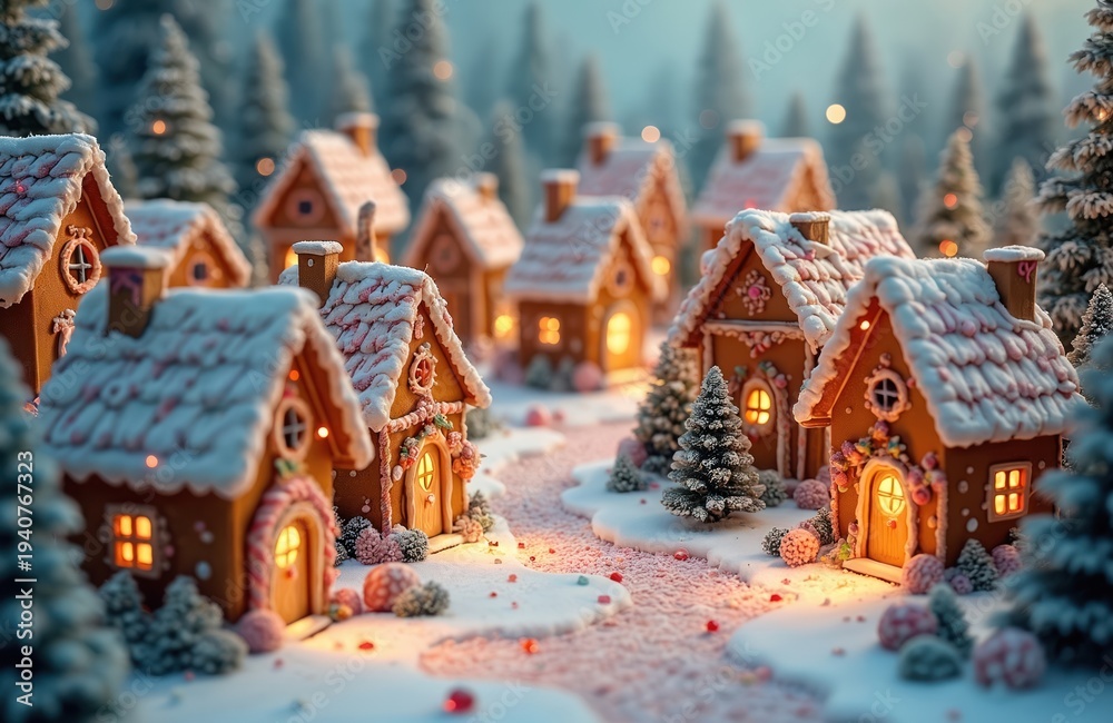 Naklejka premium Sweet gingerbread houses dusted with snow sit in a festive winter forest. Warm lights glow from windows illuminating the magical scene. Small decorated trees surround the edible village pathways.