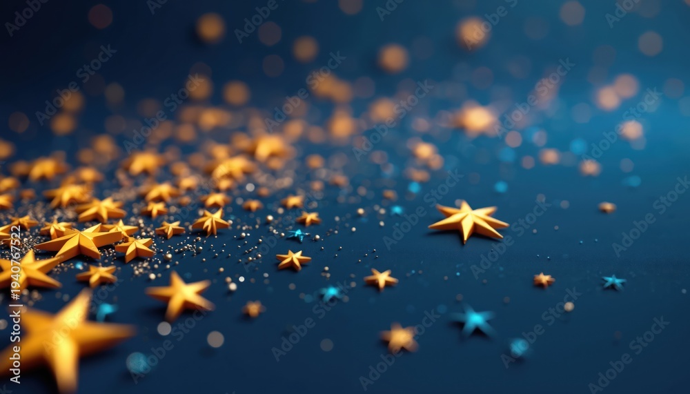 Fototapeta premium Golden stars scattered on a deep blue surface. Small glittering particles and out of focus lights add a magical festive feel. Festive background for celebrations holidays and New Year parties.