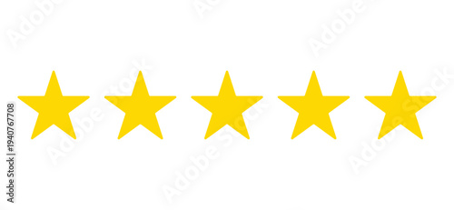 Five Golden Stars Customer Rating Vector. 5 Star Review Feedback Illustration. Premium Service Quality Ranking Symbol. Professional Satisfaction Evaluation Grade. Top Performance Achievement Icon.